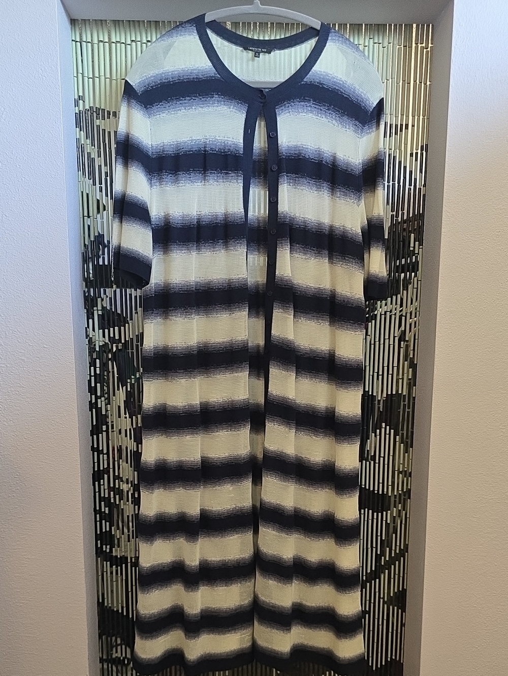 Lafayette 148 New York Navy and Cream Striped Button-Front Cardigan Duster